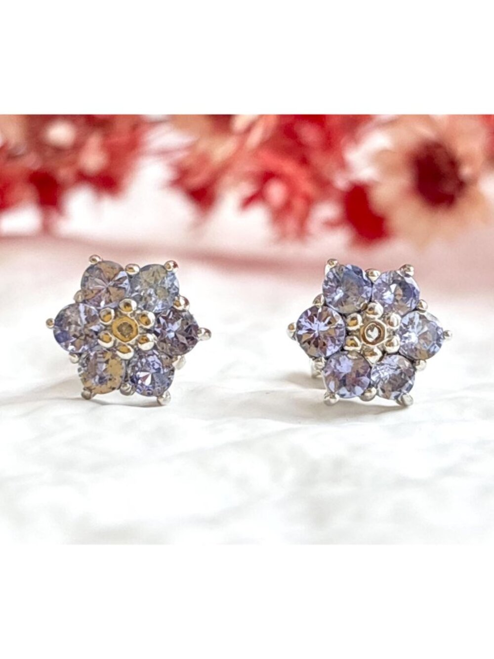 Tanzanite Gemstone Cluster Snowflake Vintage Sterling Silver 925 Stud Earrings